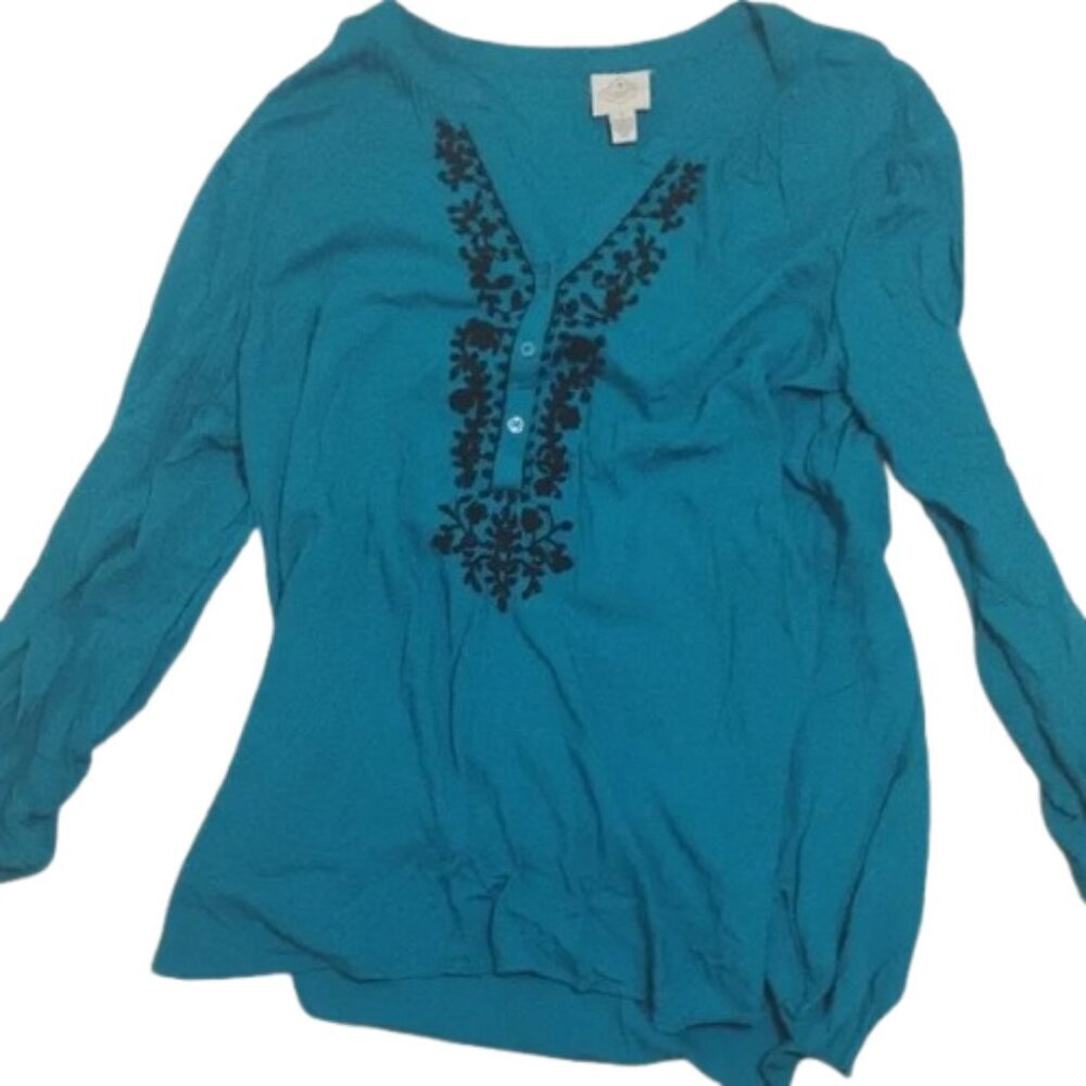 St. John's Bay Women's XL Teal Blouse with Black Embroidery